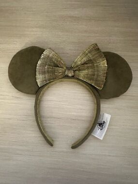 Disney Parks Olive Green Ear Headband with Shimmery Gold Bow